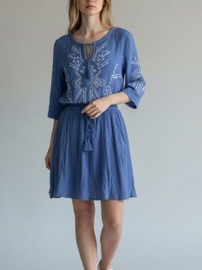 Fashion on Earth Blue Embroidered Boho Mini Dress Size Medium